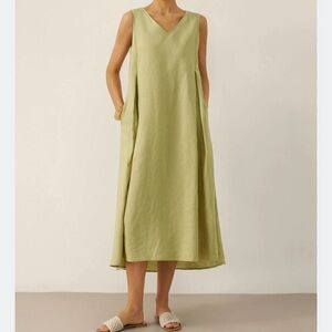 Lintico 100% Linen Sleeveless A-Line Maxi Dress XXL Vneck TARA Sage Green pocket